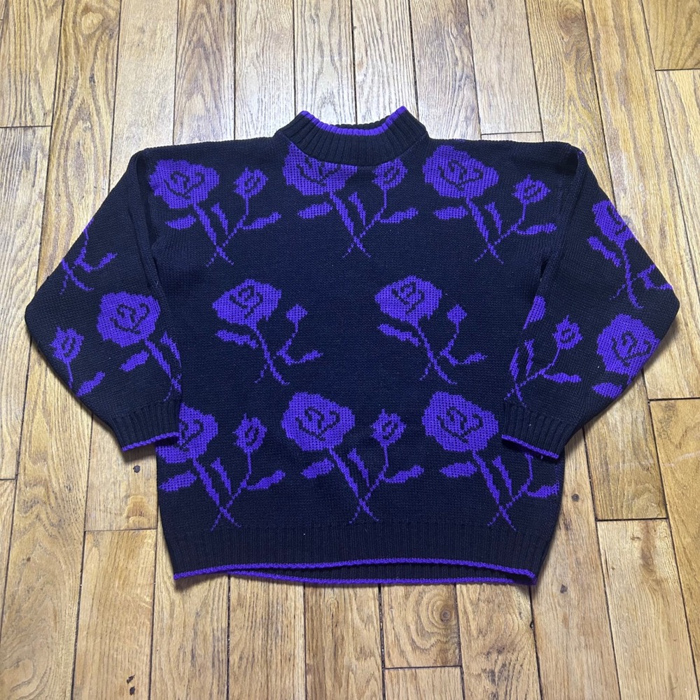 Vintage Private Eyes Purple Rose Floral Knit Sweater Mock Neck Black Made in USA
